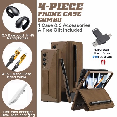 Samsung Galaxy Z Fold4/Z Fold5 Premium 4-Piece Combo - PC & Leather Case, Earbuds, Charger, Cable, and Bonus USB Drive
