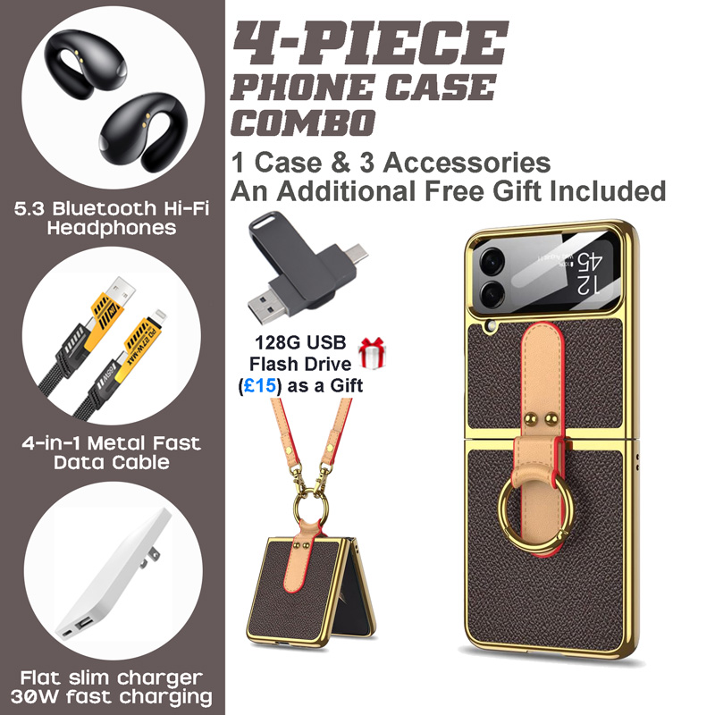 Women’s Samsung Galaxy Z Flip4 Accessories Set - Premium Case, Shoulder Strap, Bluetooth Earphones, Charger & Cable