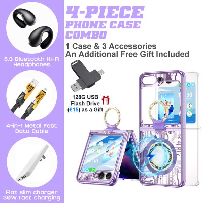 Galaxy Z Flip4/5/6 Protective Case Kit: BT Earphones + High-Speed Data Cable