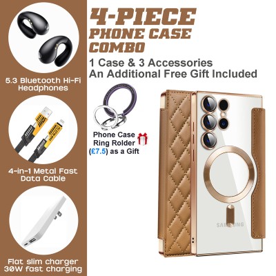 Galaxy S23/S24 Accessory Kit: PC+TPU Case, BT 5.3 Earbuds & Metal Stand