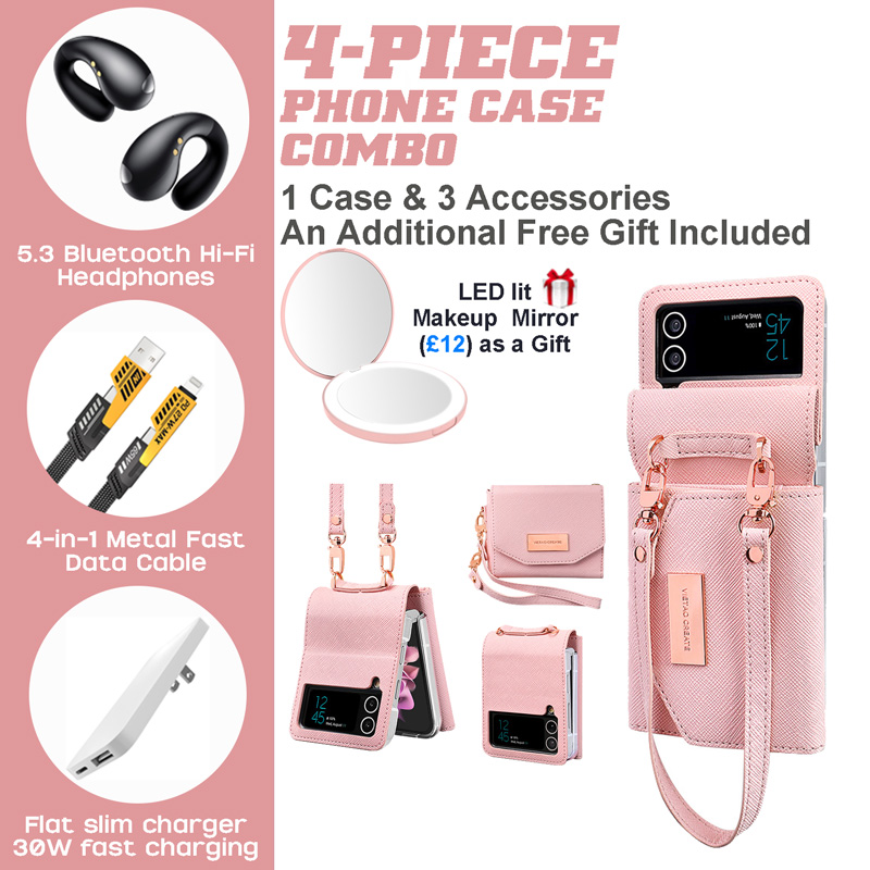 Galaxy Z Flip Wallet Case: Hi-Fi Earbuds, 30W Charger + LED Mirror Galaxy Z Flip Wallet Case: Hi-Fi Earbuds, 30W Charger + LED Mirror