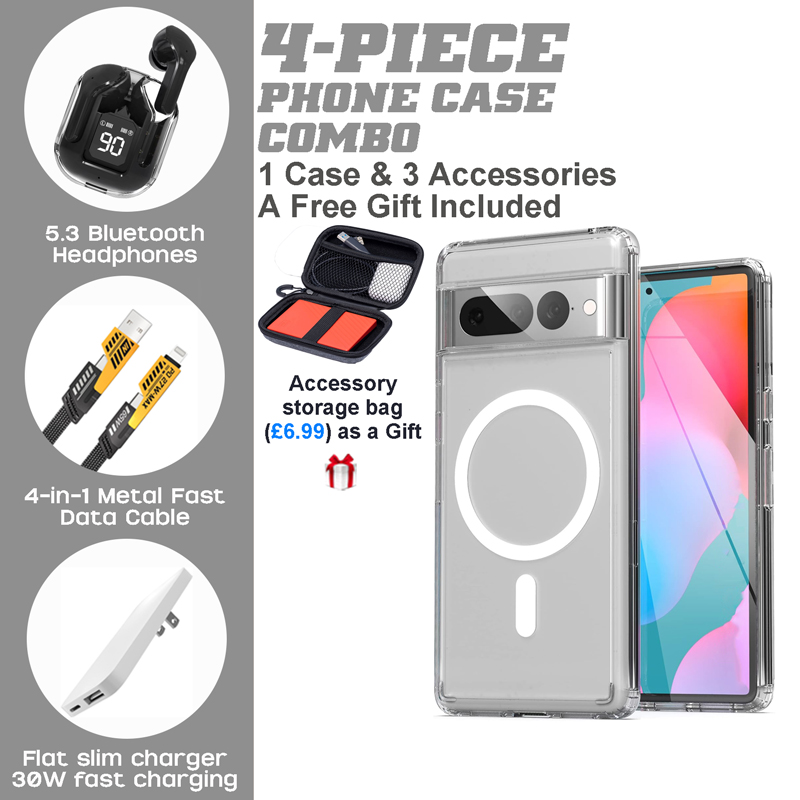 Google Pixel 9/8/7 Series 4-Piece Combo with Transparent Dual-Hybrid Case Google Pixel 9/8/7 Series 4-Piece Combo with Transparent Dual-Hybrid Case