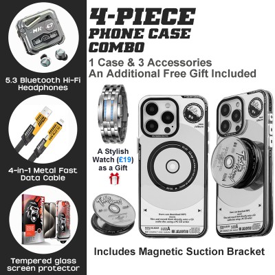 Retro American iPhone Case Bundle: Magnetic Case, BT Earbuds & LED Watch