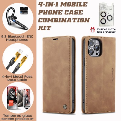 Premium PU Leather iPhone Case Set: Card Holder, Bluetooth Headset, Fast Charger & Accessories | WITTYCOMBO