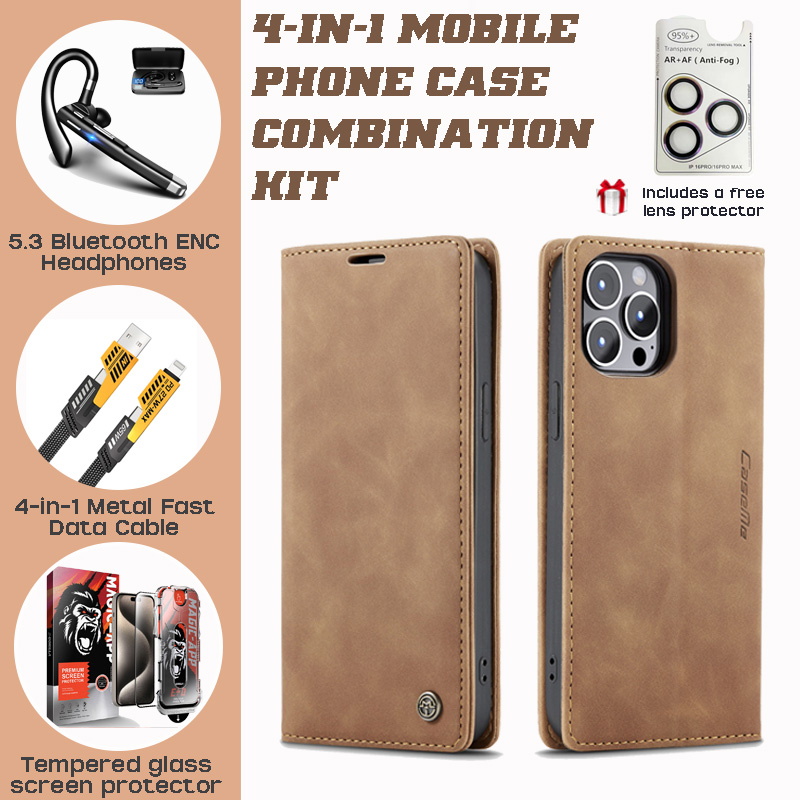 Premium PU Leather iPhone Case Set: Card Holder, Bluetooth Headset, Fast Charger & Accessories | WITTYCOMBO