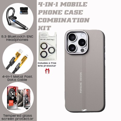 Vintage PU Leather iPhone Case Set: Hidden Stand, Bluetooth Headset, Fast Charger & Accessories