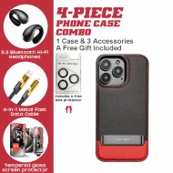 Elegant Black & Red iPhone Case Combo: PU Leather Case, Bluetooth Earbuds, 4-in-1 Charger & Accessories | WITTYCOMBO
