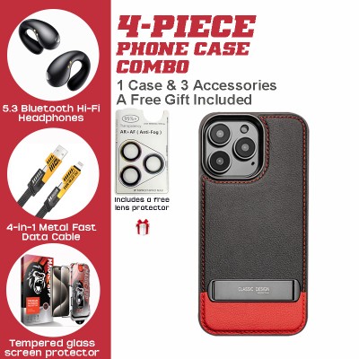 Elegant Black & Red iPhone Case Combo: PU Leather Case, Bluetooth Earbuds, 4-in-1 Charger & Accessories | WITTYCOMBO